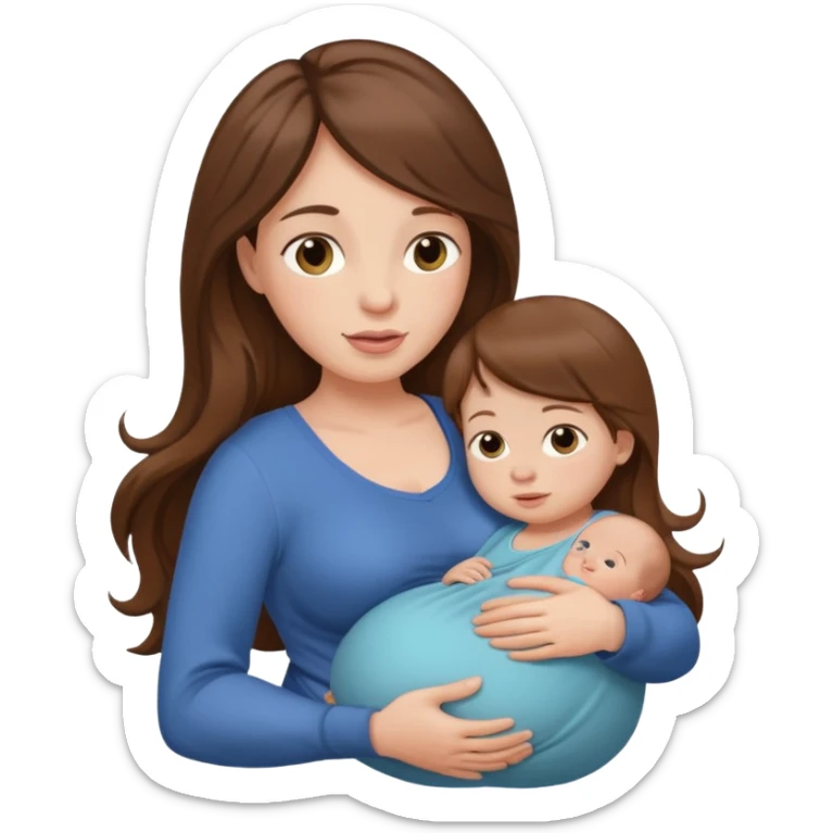 Pregnant woman with long brown hair and fair skin, holding a baby in her arms. sticker