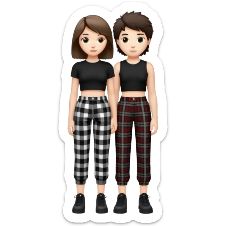 white girl with short brunette hair and eyelashes a little long with a black crop top and black and white plaque pants on top of a white boy with brunnete fluffy hair and long black shirt on and black and white plaque pants. sticker