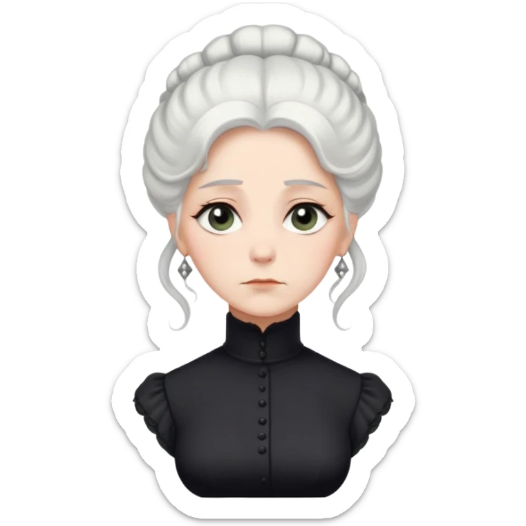 A Victorian woman with elegant coiffed white hair and light eyes wearing a modest unadorned black turtleneck mourning dress looking down with a forlorn expression sticker