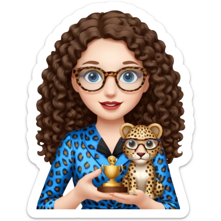 A girl with white pale skin, blue eyes, full lips, brunette LONG curly hair. She has a leopard print round-ish shaped glasses. She is wearing a white plain silk dress. She is holding an award and happy sticker
