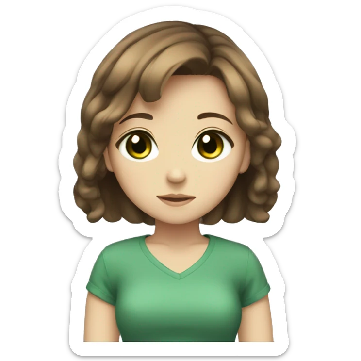 small anime girl with brown hair, light brown skin, big green eyes sticker