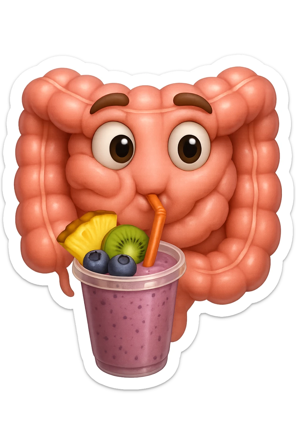 EMOJI STILE IPHONE DI un intestino umano anatomico che beve un frullato di mirtilli, ananas, kiwi, fagli anche la parte bianca degli occhi, non solo le pupille, REALISTICo 4K sticker