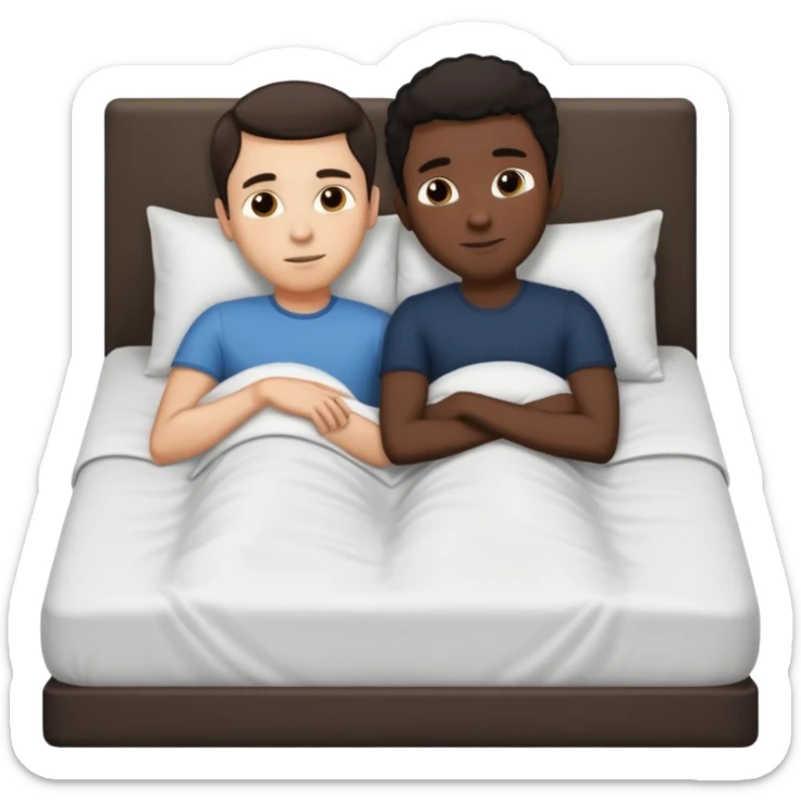 White dark hair adult male, adult black male , naked, spooning on top of bed, front to back sticker