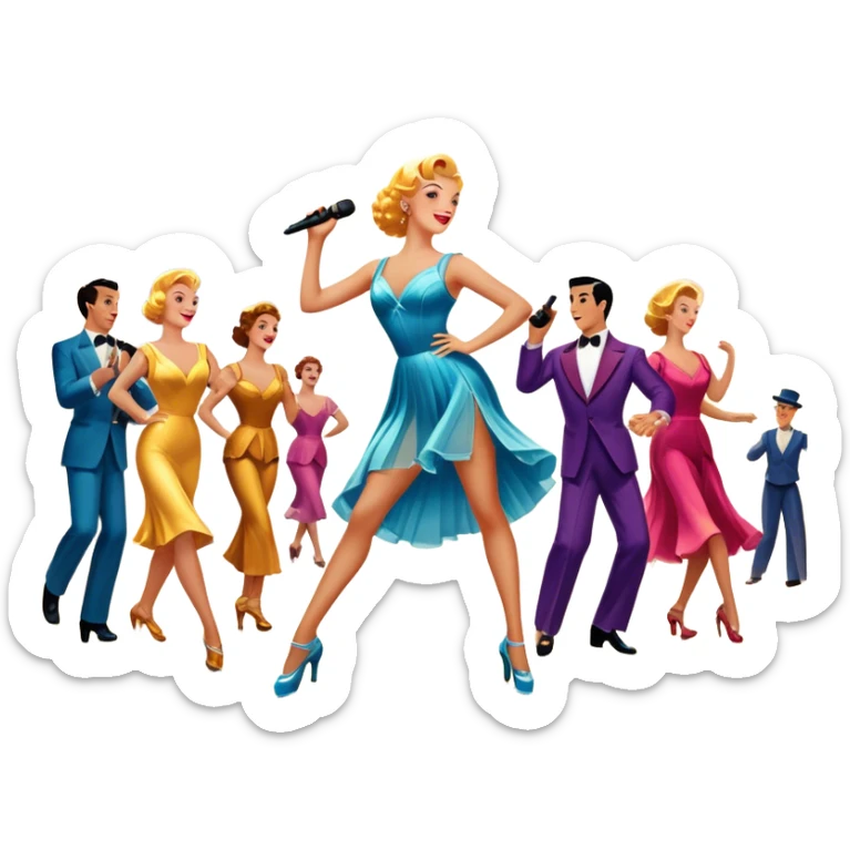 Vintage movie poster-style icon for a musical film. The cityscape glows in the background, evoking the golden era of musicals. A vibrant street scene with bright lights, dancers mid-step, a singer with a microphone among the skyscrapers. Transparent background. sticker