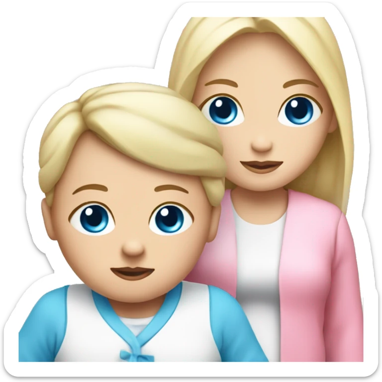 A blue-eyed baby next to a white mom in a pink outfit sticker