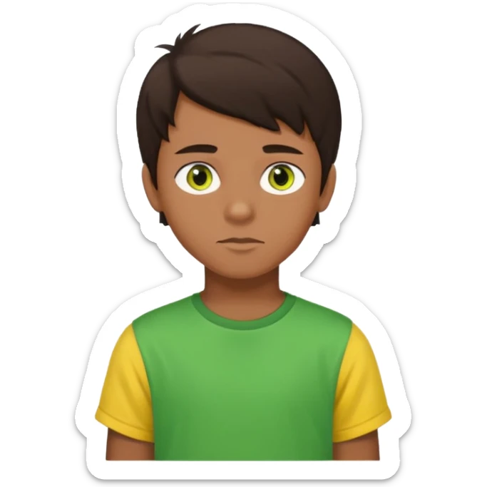 A portrait of a 14-year-old boy, he's got dark-brown hair, brownish skin and green hazel eyes. he's wearing a t-sirt with yellow sleeves. sticker