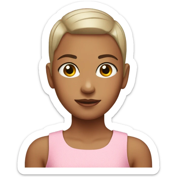 head shot of a young girl with a buzz cut wearing a pink dress  sticker