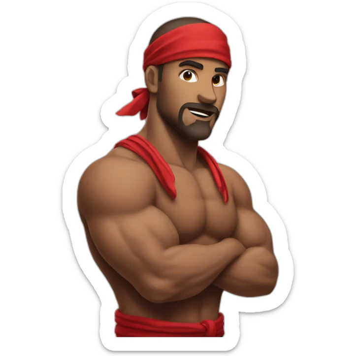 muscular man in red bandana standing sideways turns his head to the viewer,his left hand is bent in the elbow,torso sticker