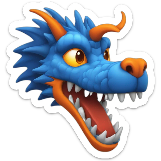 Un dragon mi loup de couleur rouge, bleu, blanc et orange moutardes. Il a des corne de bélier orange moutard. Il qui crache du feux sticker