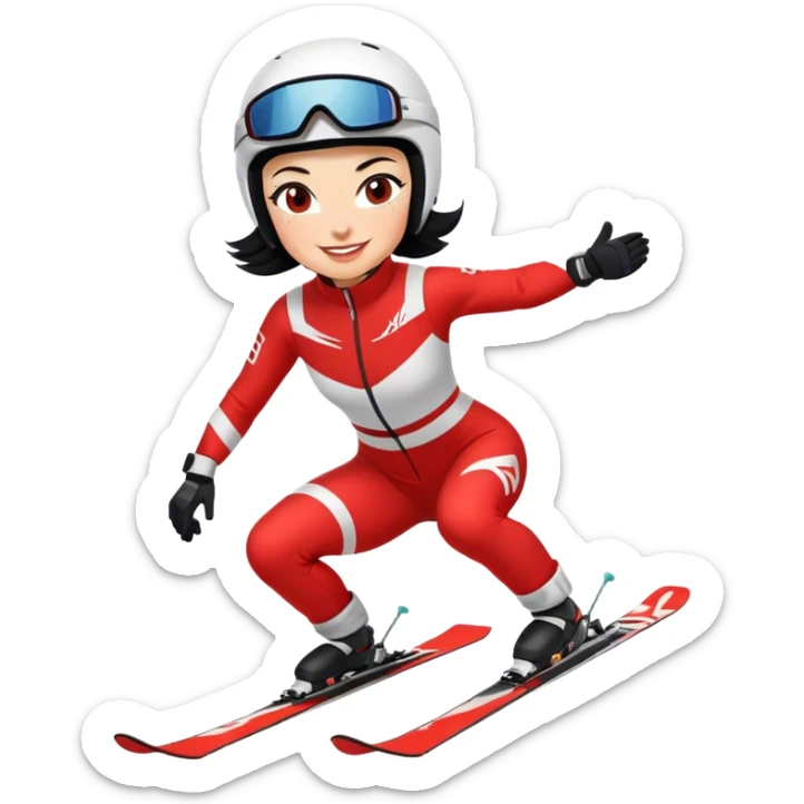 Ski racer downhill squat woman red white dress black hair smile sticker