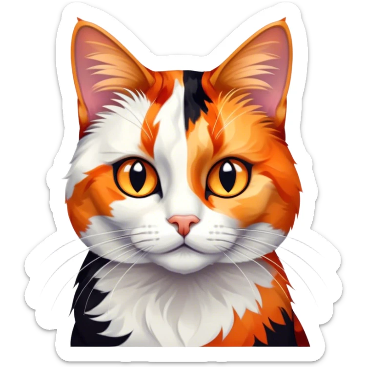 Cinematic Noble Calico Cat Portrait Emoji, Poised and regal, with a striking patchwork fur in vibrant orange, black, and white hues, delicate whiskers and a refined, focused gaze, simplified yet exquisitely detailed, glowing with a soft, moonlit radiance and an air of aristocratic elegance, high shine, exuding dignified intelligence and poised authority, soft glowing outline, capturing the essence of a watchful and noble calico cat that appears ready to grace the screen with effortless majesty! sticker