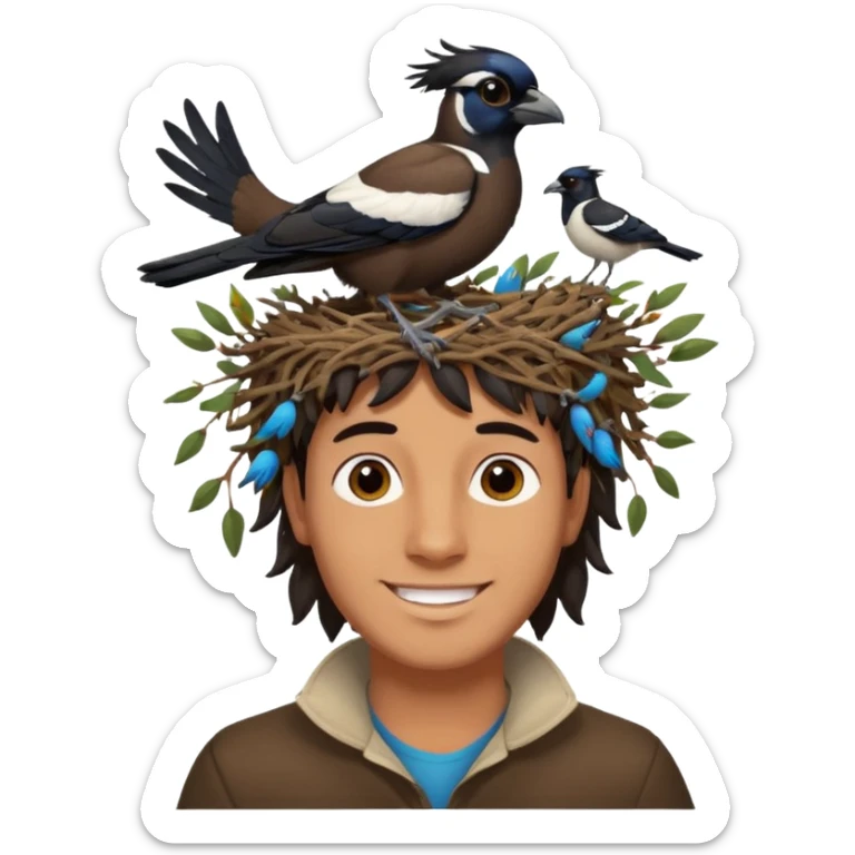 A man who has an Australian magpie, birds nest on top of his head for hair sticker