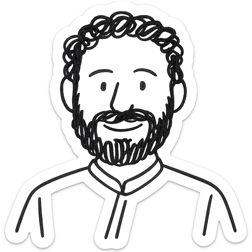 hand-drawn style portrait of a bearded man with curly hair, wearing a black traditional outfit, personal sketch, expressive lines, friendly face sticker