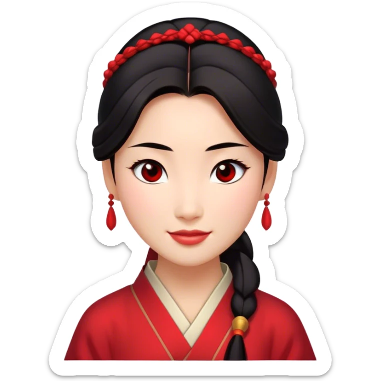 Cinematic Radiant Mulan Portrait Emoji, rendered in a realistic, vector-style with clean proportions. Show Mulan with a soft, confident smile, warm skin, and expressive eyes, her dark hair styled simply, and dressed in traditional clothing with understated red accents. The image radiates a gentle, luminous glow and high shine, accentuated by a soft glowing outline. sticker
