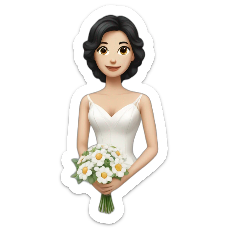 White bride with black hair and a long dress holding a bouquet of flowers sticker