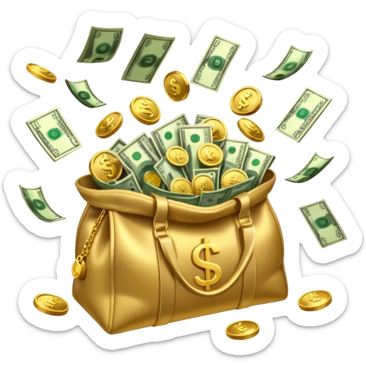 

3D emoji style, big bag of money, flying dollar bills, rich casino vibe, smooth lighting, high detail, clean edges, transparent background



 sticker