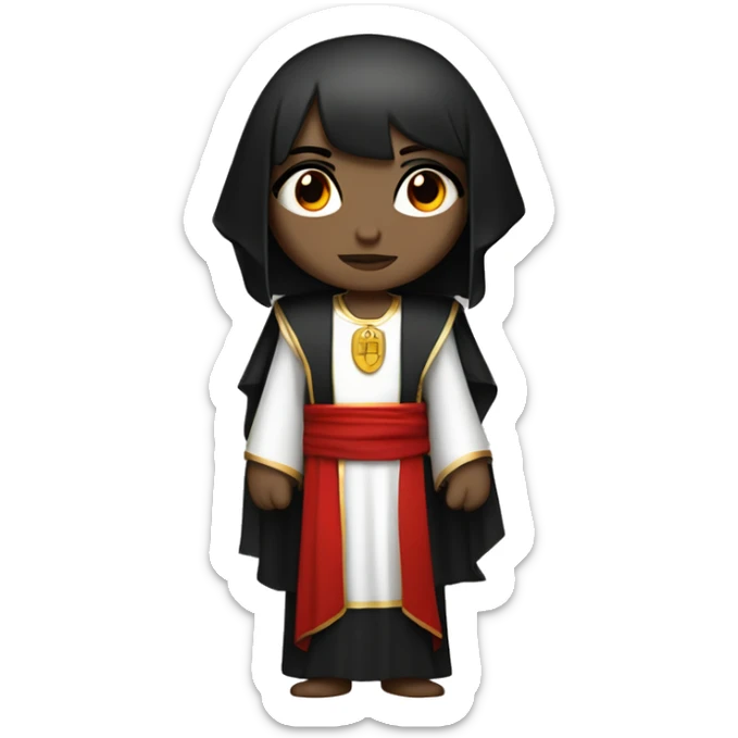 emo girl with black hair, red eyes, dressed as a priest with flowing robes, wearing a pharaoh headdress in black and red sticker