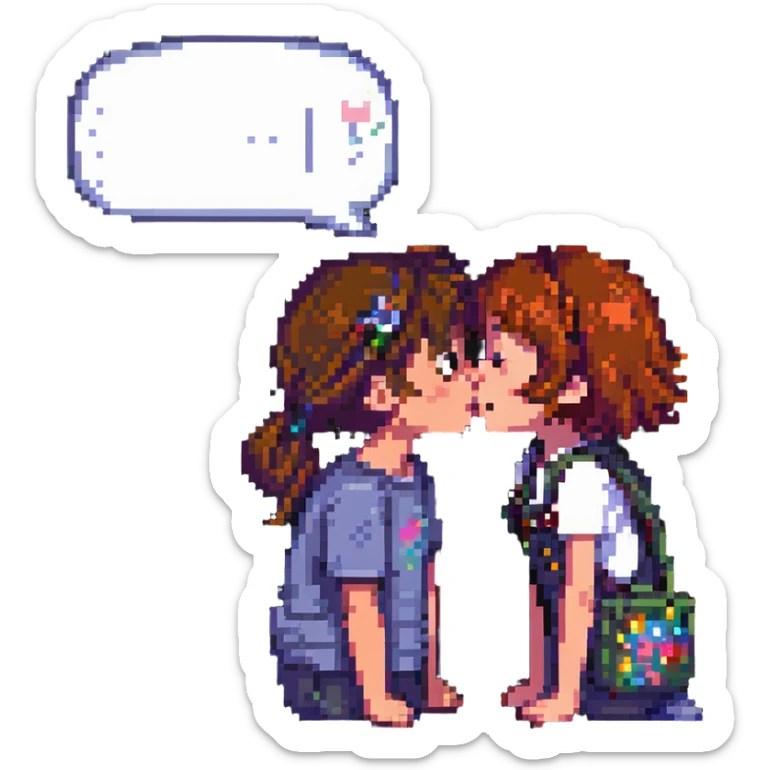 a girl and boy kissing inside a Hello Kitty-themed room, the girl says "sweet!" in a speech bubble sticker