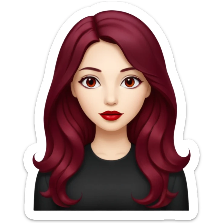 young glamorous woman 
Long waist-long hair
centre part
slightly wavy
dark burgundy hair 
 sticker