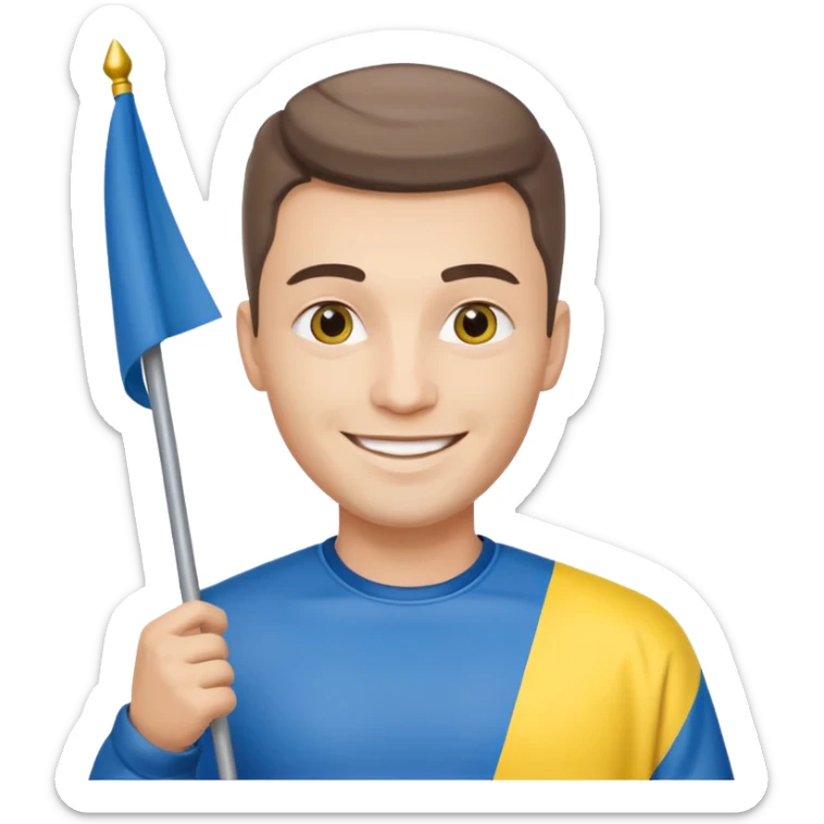 photorealistic Ukrainian man with the flag of Ukraine sticker
