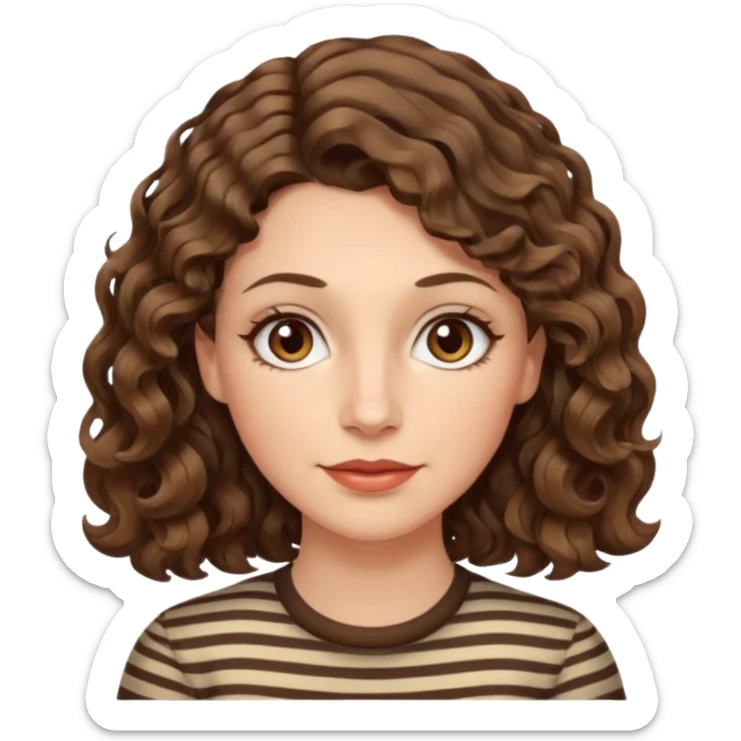 fair-skinned caucasian woman, 40s, chin-length wavy/curly/unruly brown-ish hair with a few white stripes, hazel eyes sticker