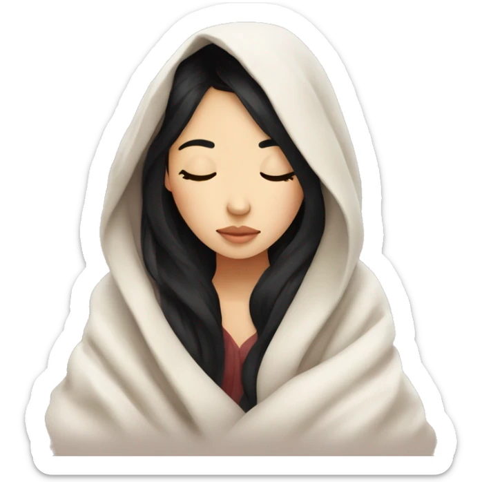 Asian girl inside a blanket sipping coffee eyes closed black hair sticker
