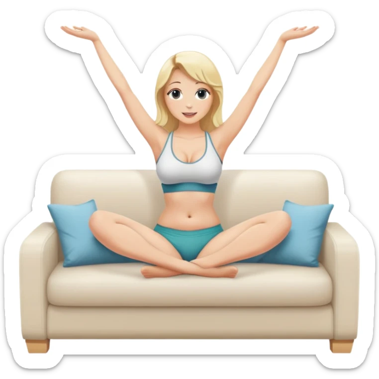 fullbody realistic busty blonde buxom in undies sitting on couch yoga legs up 
missionary pose comfy sfw sticker