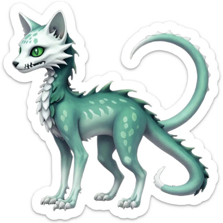 Scaley Macabre spectral spooky dark bleak blackish swampy white-skeletal gloomy ghostly dark greyish dark-deep-greenish foggy eldritch beautiful realistic edgy fantasy ghoul-like stitched feline-vernid-sergal-fursona animal creature with a tufted tail full body with intricate markings  sticker