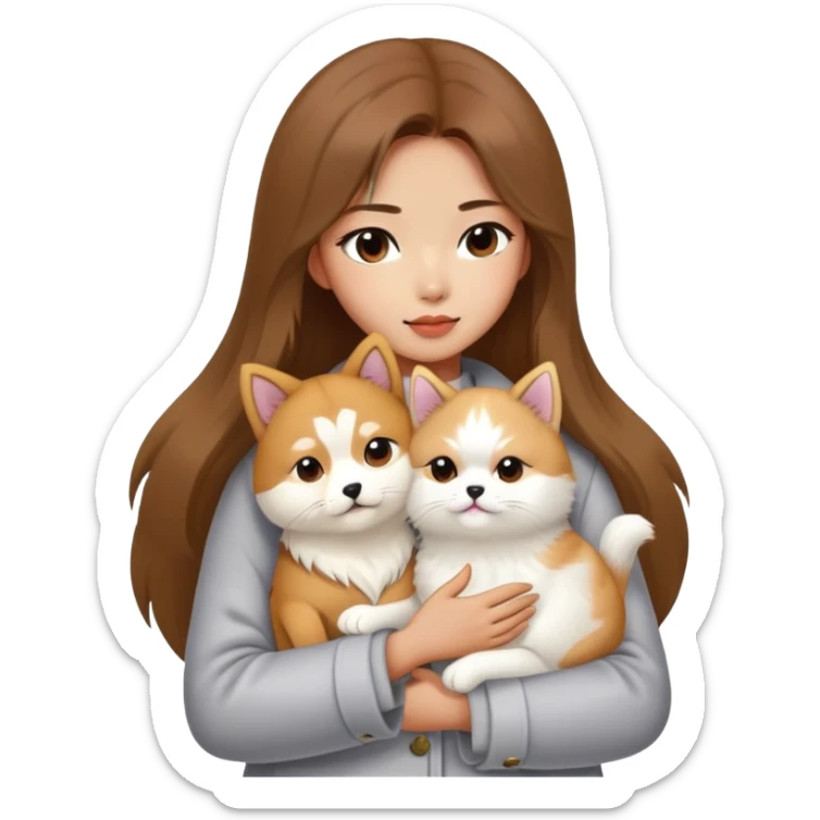 A Chinese fashion girl with brown hair, wearing a light gray fur coat, hugging a Shiba Inu and a long-haired white Persian cat. sticker