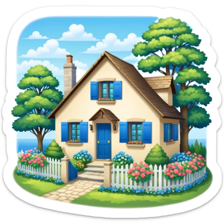 A summer cottage with blue shutters, bright flowers, green trees surround it, Kinkade style artwork.  sticker