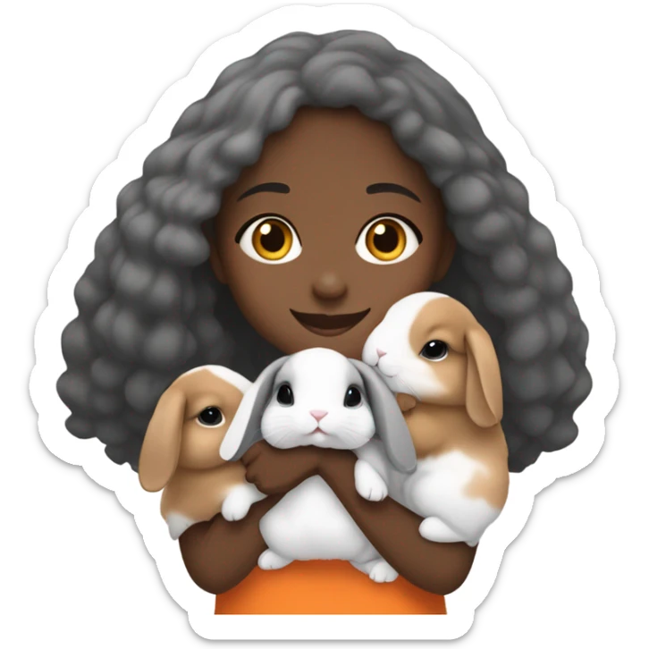 Black Muslim girl holding her 3 cute orange, gray, and mix colored holland lop bunnies sticker