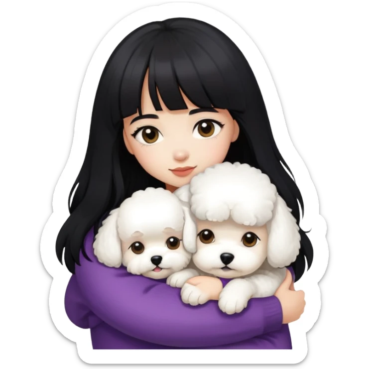 A beautiful girl with long black hair and bangs hugs a super small Bichon Frise sticker