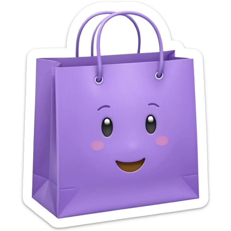 A cute emoji-style illustration of a purple paper shopping bag, pastel purple color, rounded shape, simple clean lines, kawaii style, soft shading, minimal details, centered composition, transparent background sticker