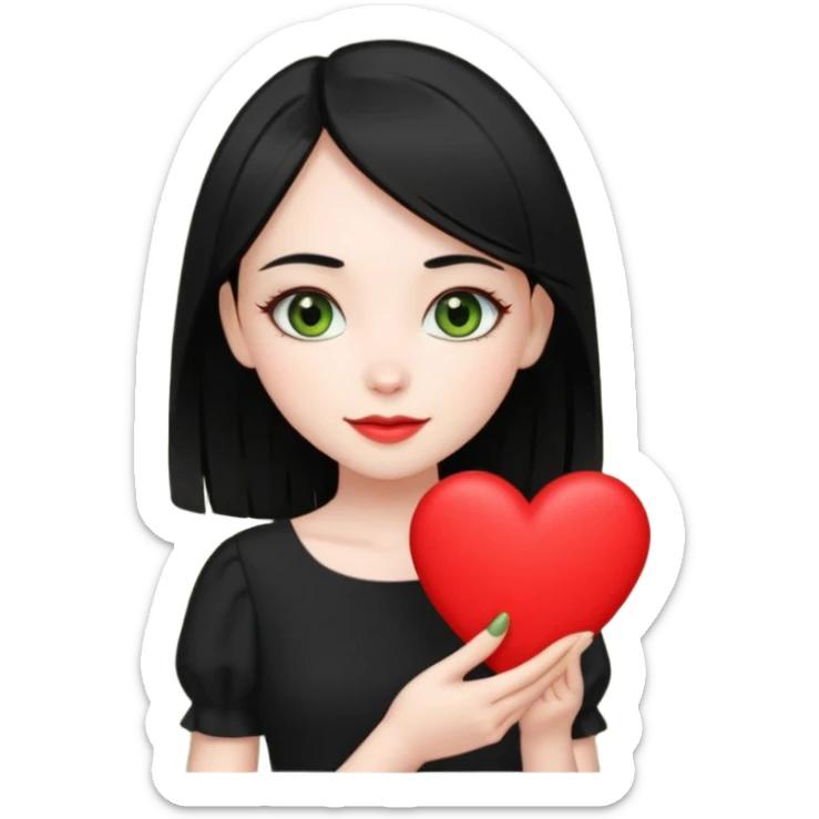 Pale girl with straight black hair and olive green eyes soft smile wearing black dress and holding a heart sticker