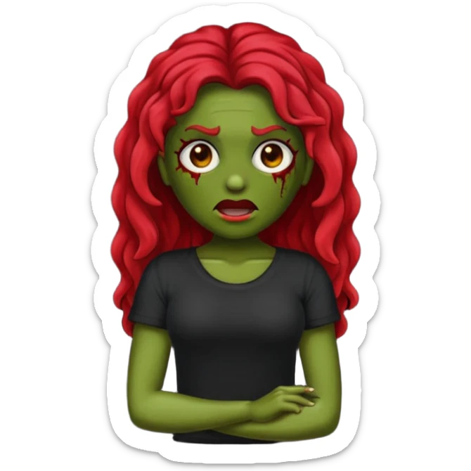 Faça me um emoji de um zumbi mulher de cabelos vermelho escuro longos ondulado usando uma blusa preta, faça no estilo iphone sticker