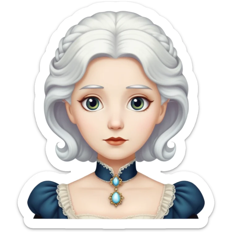 Victorian woman with white hair and starstruck eyes, fancy dress, cameo sticker
