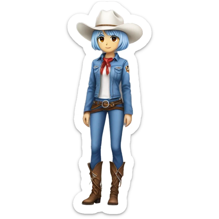 Rei ayanami in a cowboy costume, teen, full body. Only front view, no expression on the face. Make it genZ, stylist and cool, super realistic sticker