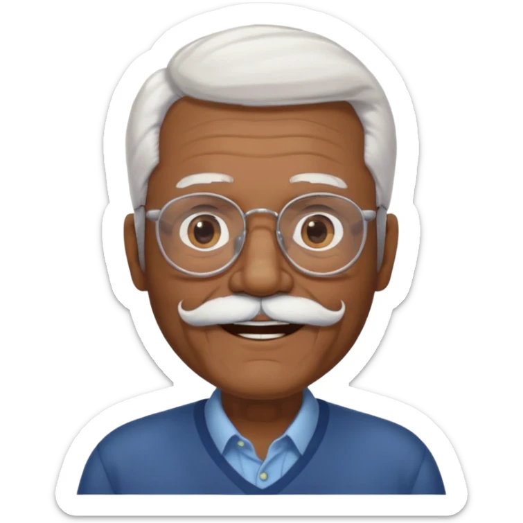 An elderly man emoji with medium-dark skin tone, white hair on the sides, glasses, thick eyebrows, and a white mustache and beard. sticker