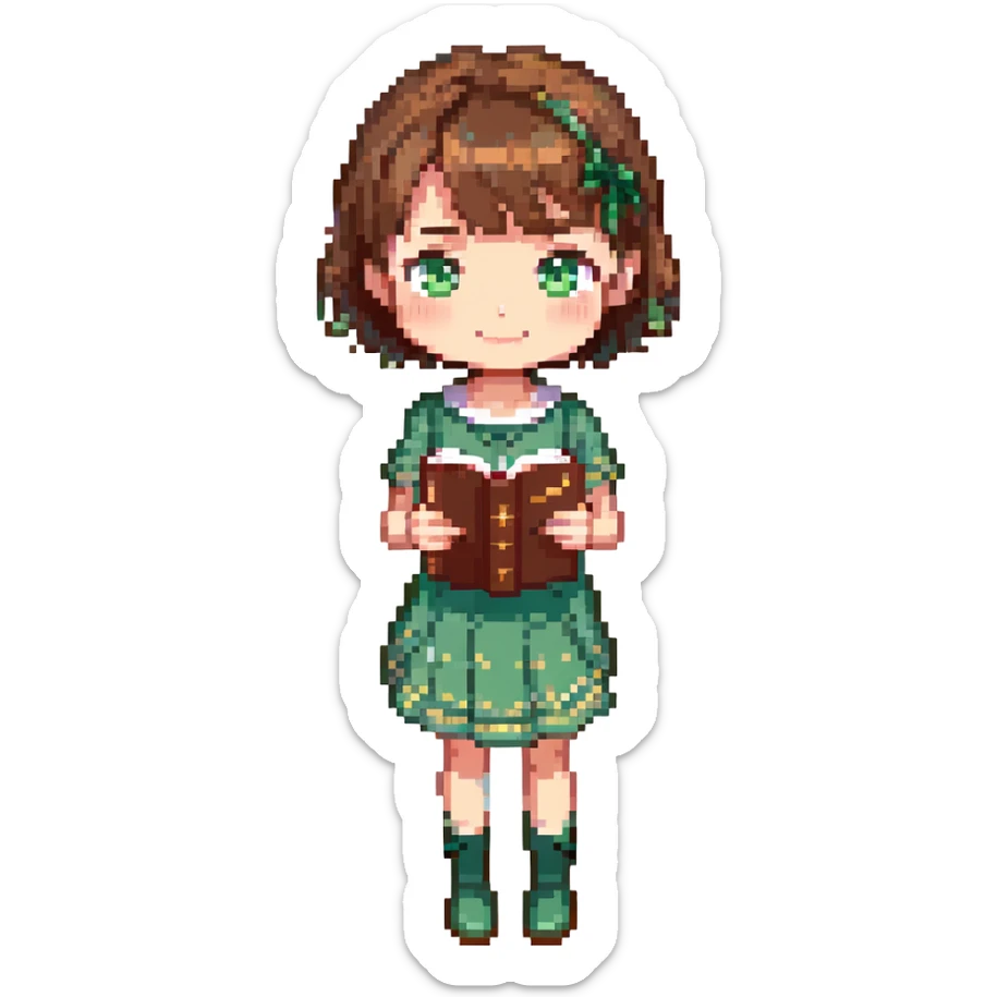 cute pixel art girl with short brown hair, big sparkling eyes, small friendly smile, wearing green dress, holding book, standing facing forward, chibi proportions, bright colors, soft shading sticker