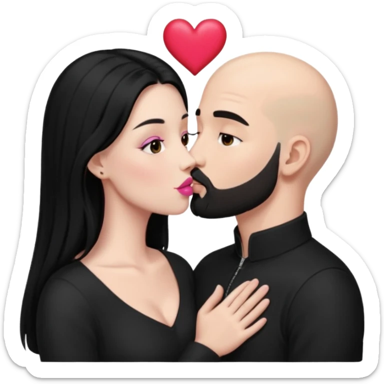 👩🏻‍❤️‍💋‍👨🏻 this one but the man should be bald. white woman with long black hair and white bald young man whoitiut hair and a heart between their heads. she has pink lips and both have brown eyes. he has e full beard but short. both wear black. they kiss slowly sticker