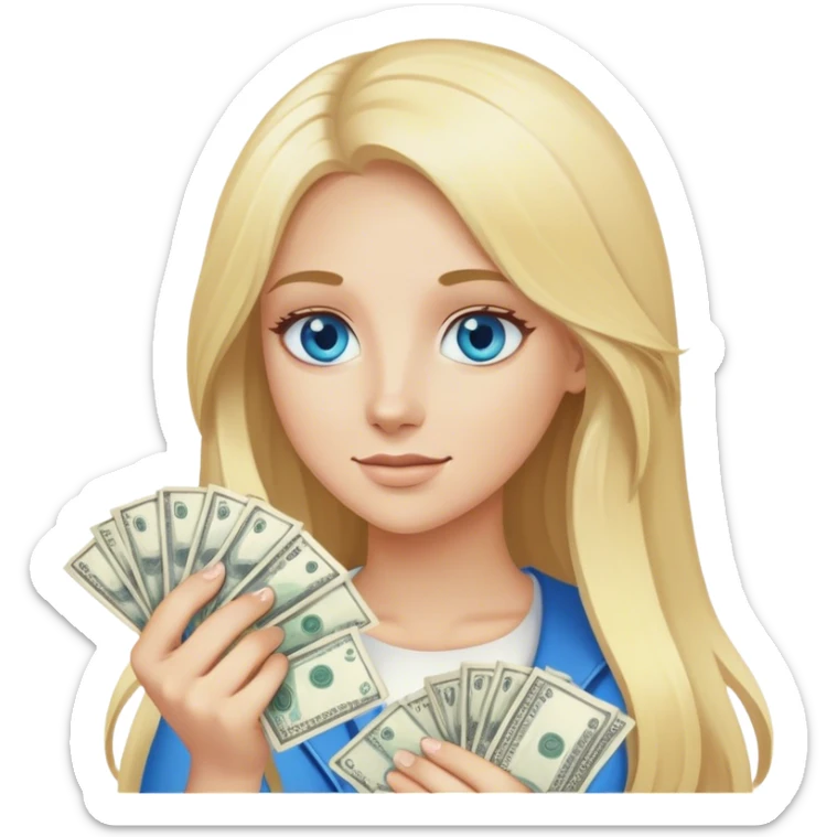 Cinematic realistic blonde with long hair, blue eyes holds money in her hands sticker