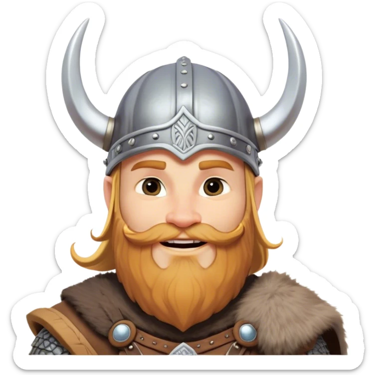 Clash of Clans aesthetic: Cinematic Playful Viking Portrait Emoji, Head tilted with a cheeky grin and twinkling eyes, featuring a compact, charming build with a modest, stylized Viking helmet and a playful beard, his face rendered in natural skin tone, Simplified yet irresistibly charming features, highly detailed, glowing with a warm, inviting radiance, high shine, spirited and lively, stylized with an air of whimsical Nordic mischief, soft glowing outline, capturing the essence of a playful Viking exuding friendly rogue charm! sticker