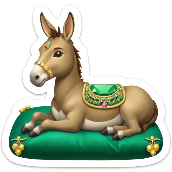 cartoon donkey lounging on a velvet pillow, surrounded by luxury items like jewels and gold, with a smug expression, emoji style sticker