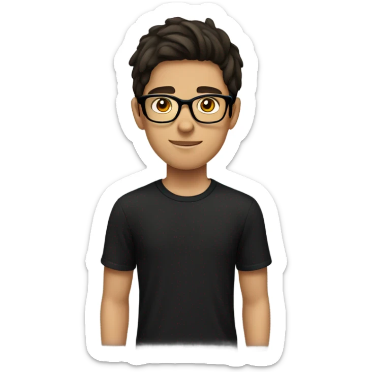 teenage boy with dark brown hair and black t shirt with glasses sticker