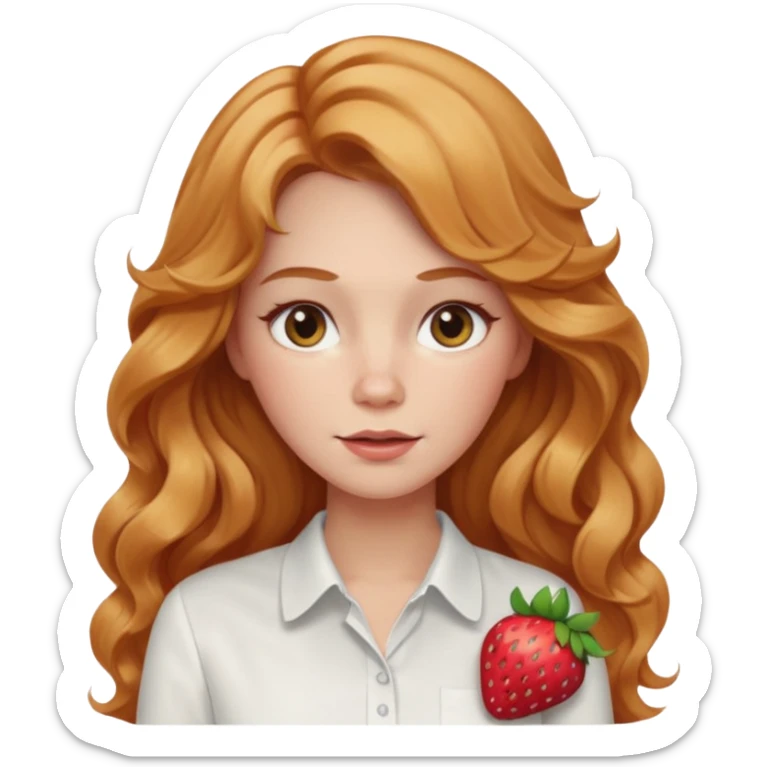 white adult woman with strawberry blonde super long wavy hair, white shirt, blushed cheeks sticker