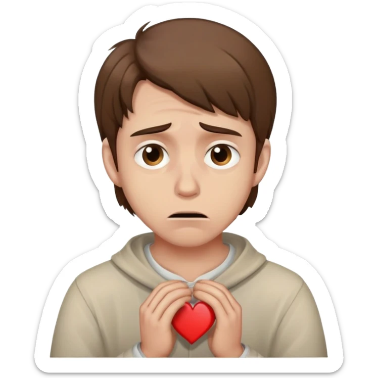 a man with brown hair staying in a
full height in profile with anxiety and begging face with a broken heart sticker