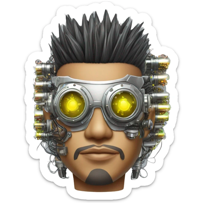 Mohawk hair Asian male cyborg head with neon silver steampunk goggles and circuits sticker