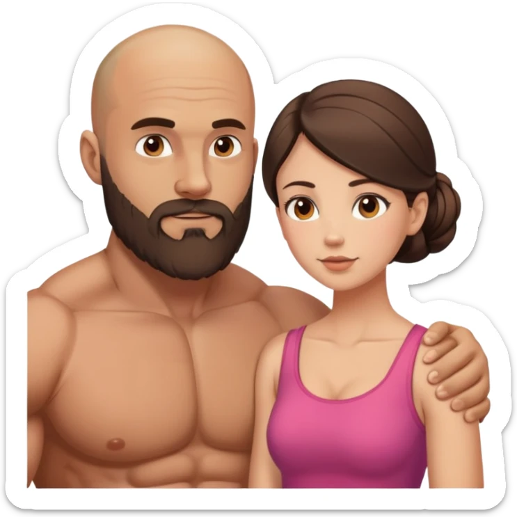 Muscular Bald man with a beard crazy in love with his young brunette wife  sticker