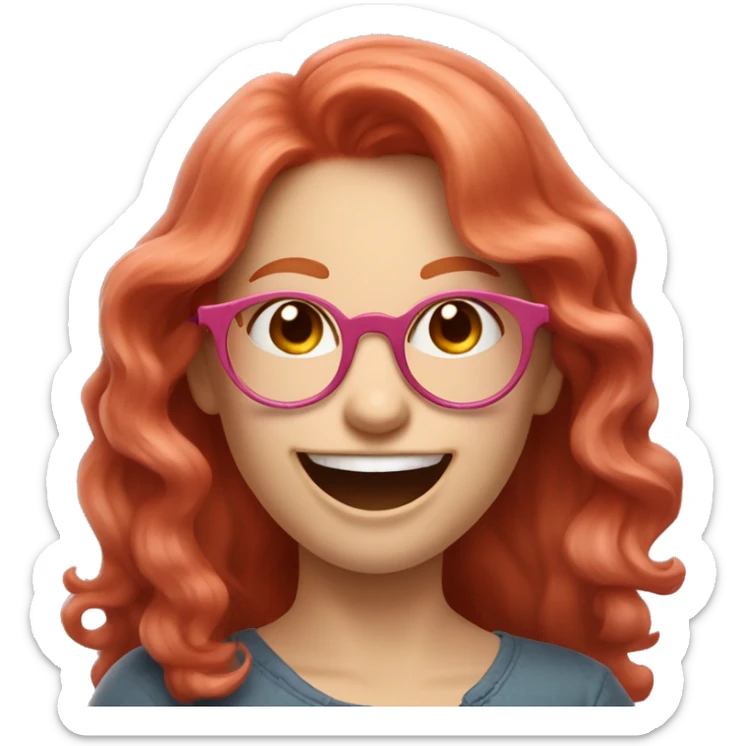 Pale, Long Wavy haired red head, girl with pink circular glasses glasses laughing and pointing sticker