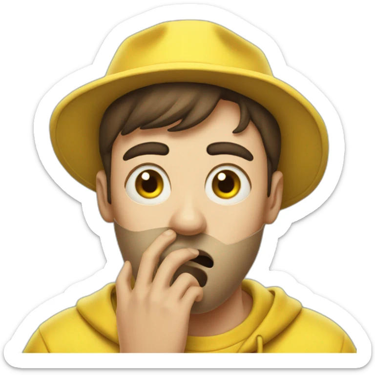guy in a yellow clothing is shocked, covering his mouth with  hend sticker